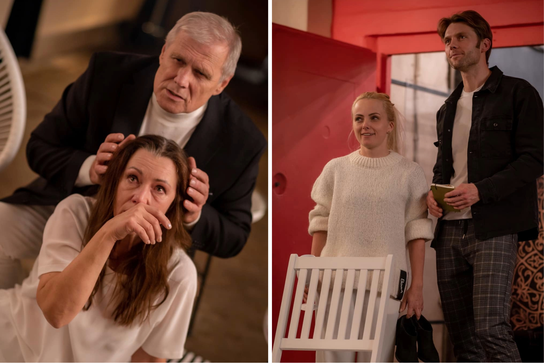 Zane Jančevska, Juris Kalniņš, Maija Arvena un Mārtiņš Upenieks izrādē "Akmens aizslīd garām" // Publicitātes foto